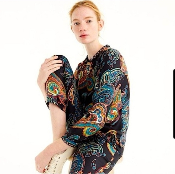 J. Crew Tops - J. Crew Silk Twill Blouse Multicolor Paisley Art Mod Retro Funky Size 6
